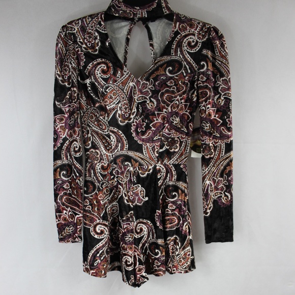 Be Bop Printed Cotton Velvet Choker Romper - Picture 4 of 5